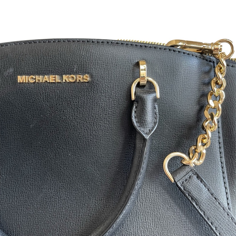 Michael Kors Ellis Large Black Leather Satchel Bag Crossbody Purse Gold Hardware
